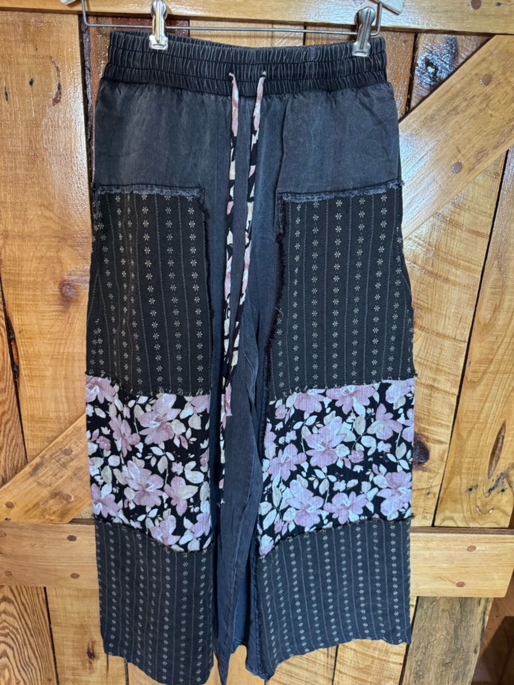 SAGE & FIG MWT Boho Patchwork Wide Leg Pants with Pink Floral Panels